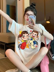 Pure Cotton Short Sleeve T-shirt for Women in Ins Fire Dragon Color White Casual Crewncked Style Loose Fit Summer Wear