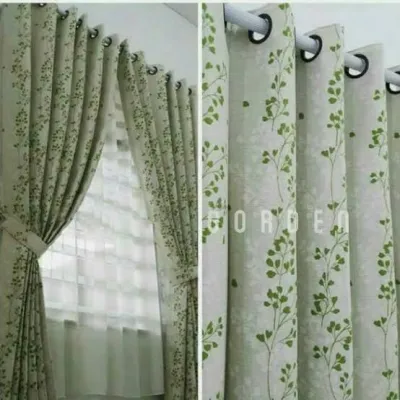 Gorden Jendela Minimalis Bahan Satin Bridal Model Semokring 12 Lobang 6 Gelembung Motip Asoka Hijau