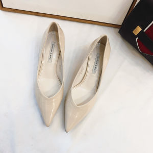 Nude White High Heels Candy-Colored Patent Leather Pumps Mid Heel V Cut Pointed Toe Flats Womens Small Stiletto Heel 5cm Flats Cat Heel