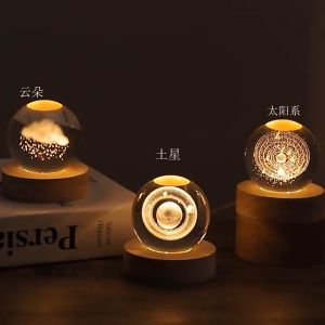 FR 3D Crystal Ball Light Solar System Night Light Wooden Base Dimmable 3.15 inch Planet Model Nightlight Science Astronomy Learning Globe Bedside Lamp Educational Gift Lamps for Teens