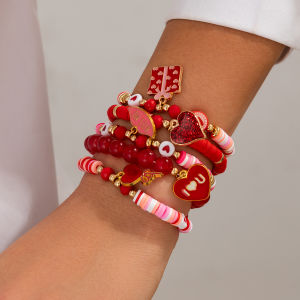Salircon 5pcs/set Trendy Peach Heart Lips Charm Bracelet for Women Romantic Pink Red Soft Ceramic Bracelet Valentines Day Gift