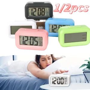 1/2pcs Smart Digital Alarm Clock Black White Lcd Display With Temperature Calendar Timer Led Light Home Office Travel Desk Clock