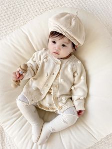 Handmade Knitted Ball Ball Coat + Knitted Strap Harai Girl Baby Wool Set Cotton Material Thickened Long Sleeve round Neck Pure Color