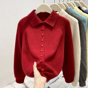 Angora Red Thickened Soft High Collar Womens Sweater Inner Wear Top Outer Cardigan Button Style Long Sleeve Korean Version