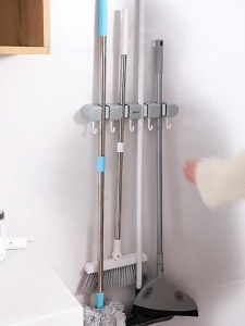 Non Punched Wall Mounted Mop Broom Rack with Hooks Bathroom Storage Rack