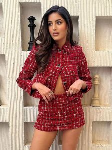 HH Women Fashion Red Texture Skirt Sets Single Breasted Lapel Jacket Coat Side Zipper Shorts Skirts High Street Lady Outfit