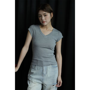 Gray V-neck Slim Fit Short Sleeve T-shirt Womens Summer Elastic Simple Design Knitted Top Versatile Casual Commute Style