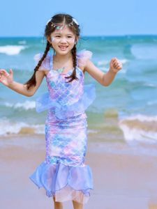 Princess Style Mermaid One Piece Swimsuit for Girls Quick Dry Beach Vacation Beachwear Childrens Swimming Suits Polyester