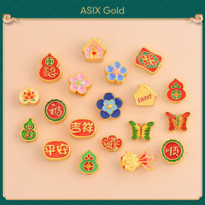 ASIX GOLD Chinese Style Gold Plated Painted Spacer Bead Peach Blossom Gourd Koi Lucky Charm Large Hole Beads DIY Bracelet Necklace Accessory Durable Fade Proof Fashion Jewelry Gift