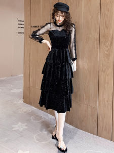 Váy Midi Nhung Dài Tay Cho Nữ Mùa Thu Đông 2025 Váy Chữ a Cạp Cao Xếp Ly Lấp Lánh Váy Dài Thường Ngày Váy Công Sở