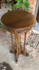 โต๊ะกลมไม้สักแก่ ลายเถาองุ่น (ขานก) ขนาด 35x75cm โต๊ะข้างแกะสลักสวย แข็งแรง ไม้สักแท้ 100%