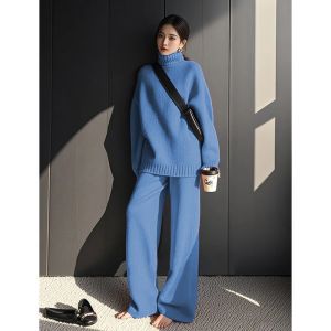 LIANGYILAILIN | Soft Loose Lazy Blue High-neck Knit Sweater Wide Leg Trousers