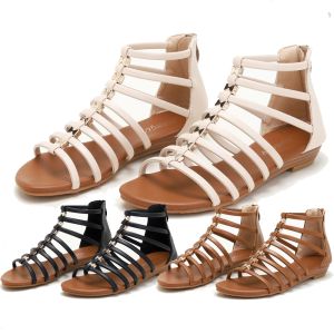 36-42 Summer Flat Sandals Leather Upper Open Toe Zipper Fashion Shoes Women Casual Sandals for Women Daily Wear Basic Sandal for Women