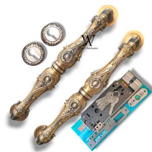 Gagang Pintu Rumah Kuningan Set Kunci Antik Motif Telpon Ukir 35 cm 2 Pcs