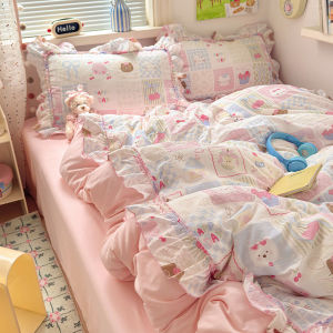 Pink Washed Cotton Bedding Set Korean Style Princess Flounce Four-Piece Suite Student Dormitory Quilt Cover Three-Piece Set