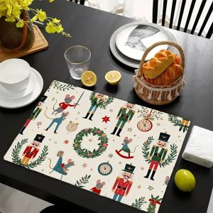 VIKAMA 4pc Nutcracker Christmas Print Placemat Cartoon Mouse Wreath Wall Clock Pattern Table Decoration Placemat