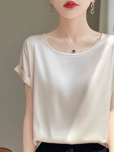 Minimalist Elegant Acetate Silk Satin Short Sleeve T-Shirt Womens round Neck Loose Pure Color Mulberry Silk Versatile Slimming Top