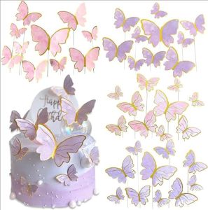 100/50/30pcs Lively 3D Waterproof Butterfly Cupcake Topper / Pink Purple Butterfly Paper Butterfly Cake Toppers / Baking Props Dessert Party Supplies