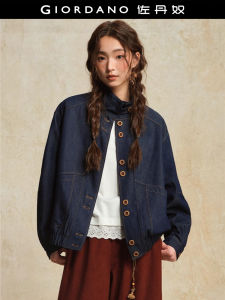 Designer Giordano Womens Denim Jacket Loose Fit with Big Pockets Stand Collar Embroidery Detailing Casual Cotton Blend