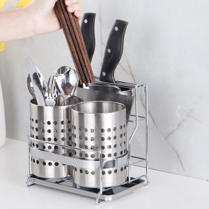 Stainless Steel Kitchen Utensil Holder with Drain Tray Home Use Knife Rack Chopsticks Storage Box Placement Shelf