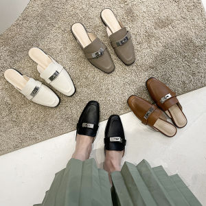 Womens Summer Outdoor Slippers Retro Square Head Low Heel Small Leather Shoes Metal Buckle Internet Famous Mule Half Slippers