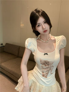 GUZILIAN | Summer Butterfly Knot Cat Print Short Sleeve T-Shirt Women Pure Desirable Spicy Square Collar Bubble Sleeve Unique Beautiful Top