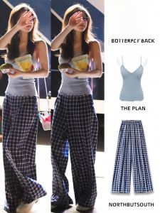 Zhaolu Ice Silk Plaid Pants Womens Summer New Straight Loose Drapey Wide Leg Casual Trousers High Waist Long Pants