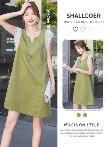 Shalldoer | ชุดเดรสยาวปานกลางคอวีลูกไม้ผสมผสานดีไซน์ใหม่สำหรับผู้หญิงในช่วงฤดูร้อน 2025 ชุดทำงานลำลอง