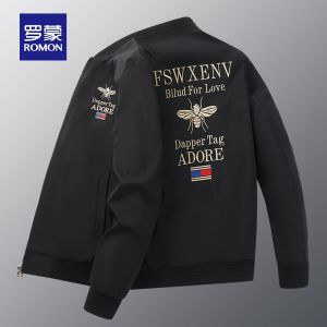 ROMON | Romon Mens Baseball Jacket Spring Autumn New Business Casual Bee Embroidery Short Coat Jacket Fashionable Polyester Fiber