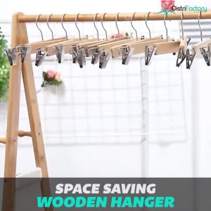 High Quality Korean Style Boutique Solid Wooden Baju Pant Trouser Dark Wood Vintage Hanger Kayu With Clips (Thicker)