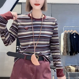 เสื้อยืดแขนยาวแบบบาง ผู้หญิง แฟชั่น ลำลอง เสื้อยืดลายทาง ฤดูใบไม้ร่วง Dervo สไตล์ใหม่ โพลีเอสเตอร์ ประเภทท่อตรงไฟเบอร์ เสื้อท่อนบน