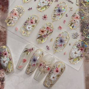 Elegant Palace Style Nail Stickers Sparkling Gold Retro Flowers 3D Nail Stickers Self-adhesive Nail Art Decorations Supplies DIY