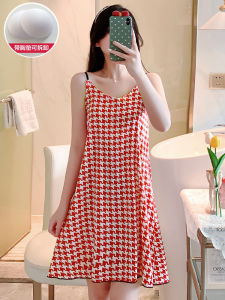 Summer Ice Silk Cool Feeling Plaid Dress Womens Nightgown Home Clothes Strap Design V-neck Mid-length Casual Sweet Style