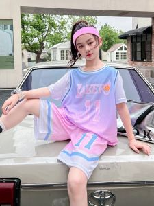 Quần Áo Bóng Rổ Tay Ngắn Cho Bé Gái Quần Áo Thể Thao Nhanh Khô Bộ Đồ Tập Luyện Mùa Hè Cho Trẻ Em Cỡ Lớn Quần Áo Bóng Rổ Giả Hai Mảnh