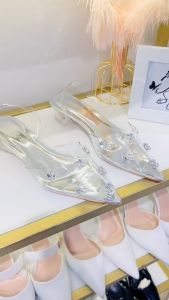 Giày bít bạc đá HALEY STORE cao gót 5cm bít mũi nhọn quai trong suốt đính đá gót tam giác tiểu thư công chúa đi tiệc