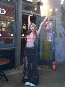 กางเกงยีนส์ทรงทำงานสไตล์ย้อนยุคสีดำ กางเกงขายาวสำหรับผู้หญิง กางเกงยีนส์ขาดๆ ทรงเข้ารูป ทรงขาบาน ทรงเอวสูง ฤดูร้อน 2024