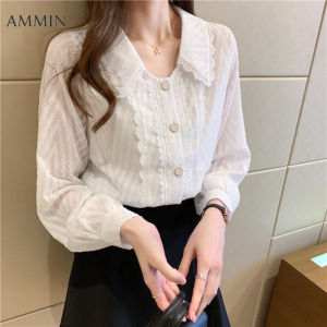 AMMIN Korean style lady long sleeve fashion temperament doll neck lace chiffon shirt