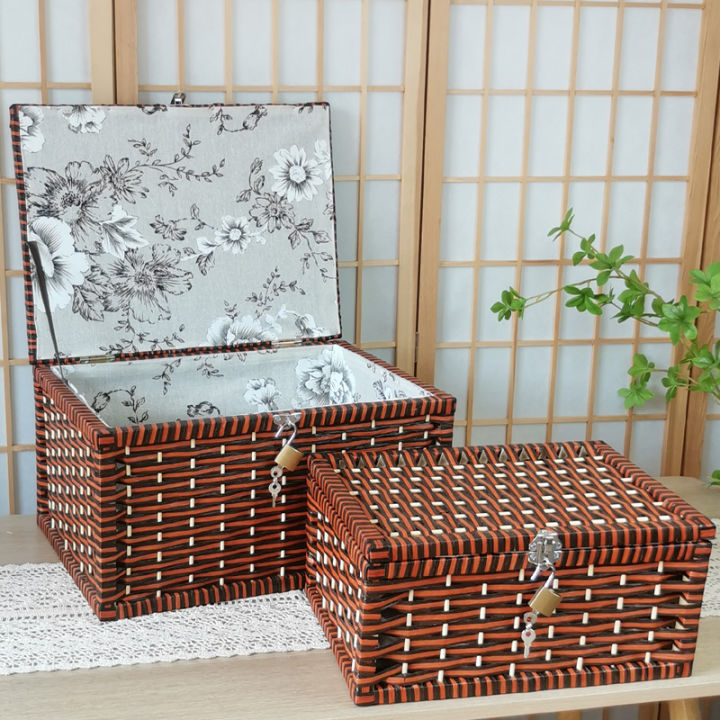 Extra Large Storage Box with Lock Grass Rattan Woven Japanese Snack