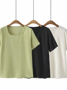 2024 New Spring and Summer Tops Plus Size Womens 75.00kg Chubby Girl Pure Color All-Matching French Simplicity Square Collar Short Sleeve T-shirt