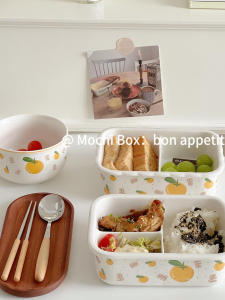 กล่องอาหารเซรามิกพร้อมฝาปิดแบบแยกชั้น อบได้ในตู้อบ เรียบเรียบ สุขภาพ กล่องอาหารสำหรับเด็กนักเรียน กล่องอาหารสำหรับผู้ใหญ่