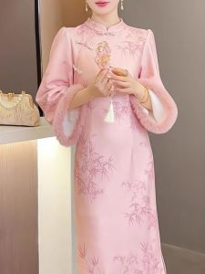 Elegant New Chinese Style Ultra Soft Print Slimming Dress Autumn Winter New Buttoned Improved Cheongsam Skirt Long Cheongsam