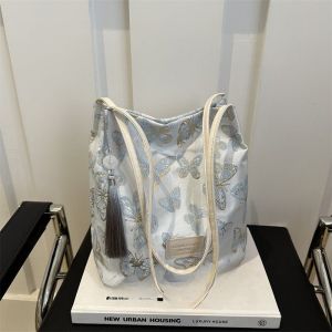 กระเป๋าสะพายไหล่ผู้หญิงแบบถังปักลายสไตล์จีนใหม่ กระเป๋าสะพายประจำวันสำหรับผู้หญิง กระเป๋าสะพายไหล่แบบลำลองขนาดใหญ่