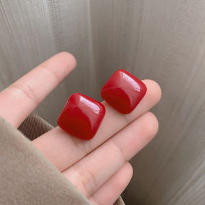 Retro Minimalist Red Square Earrings Festive round Face Suitable Jewelry Korean Style Alloy Embedded Artificial Gem Womens Fashion Accessories