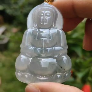 Premium High Quality Natural Type A Jadeite Jade crafted as seating Guanyin set with 18k gold clasp as Pendant Certificate weighs 21.43 grams measurement 59.1 * 35.6 * 6.1 mm (18kp54)