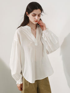 Miccbeirn | Silk Cotton Long Sleeve Shirt V-neck Womens Top Sweet Style Loose Fit Summer Thin Material Lantern Sleeve Asymmetric Design