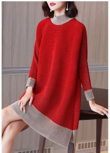 Nova quality⭐One person one pleat ⭐Casual color contrast half high collar slit Miyake pleated dress autumn and winter new long-sleeved bottoming pleated A-line skirt over the knee