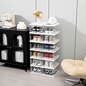 FurnishNest Folding Large Shoe Box Installation-Free Shoe Organizer Box Hard Plastic Shoe Rack Clutter Storage#XH001