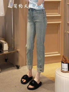 Zhang Yuan Yi Womens Spring Summer Korean Style High Waist Straight Leg Jeans Nine Points Slim Fit Casual Simple Tube Pants