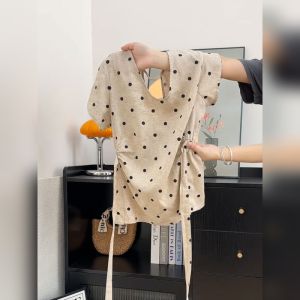 YUFUQING | French Vintage Polka Dot Belted Waist Short Sleeve Shirt Women Summer Gentle Unique Beautiful Small Top Commute Style Slim Fit High Waist Polyester Fiber Summer Season Round Neck Regular Sleeve Length