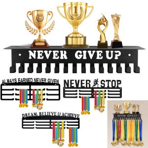 Medal Hanger Display Rack Wall Mount Metal Trophy Rack Ribbons Medals Display Hanger with Inspirational Words for Soccer Race